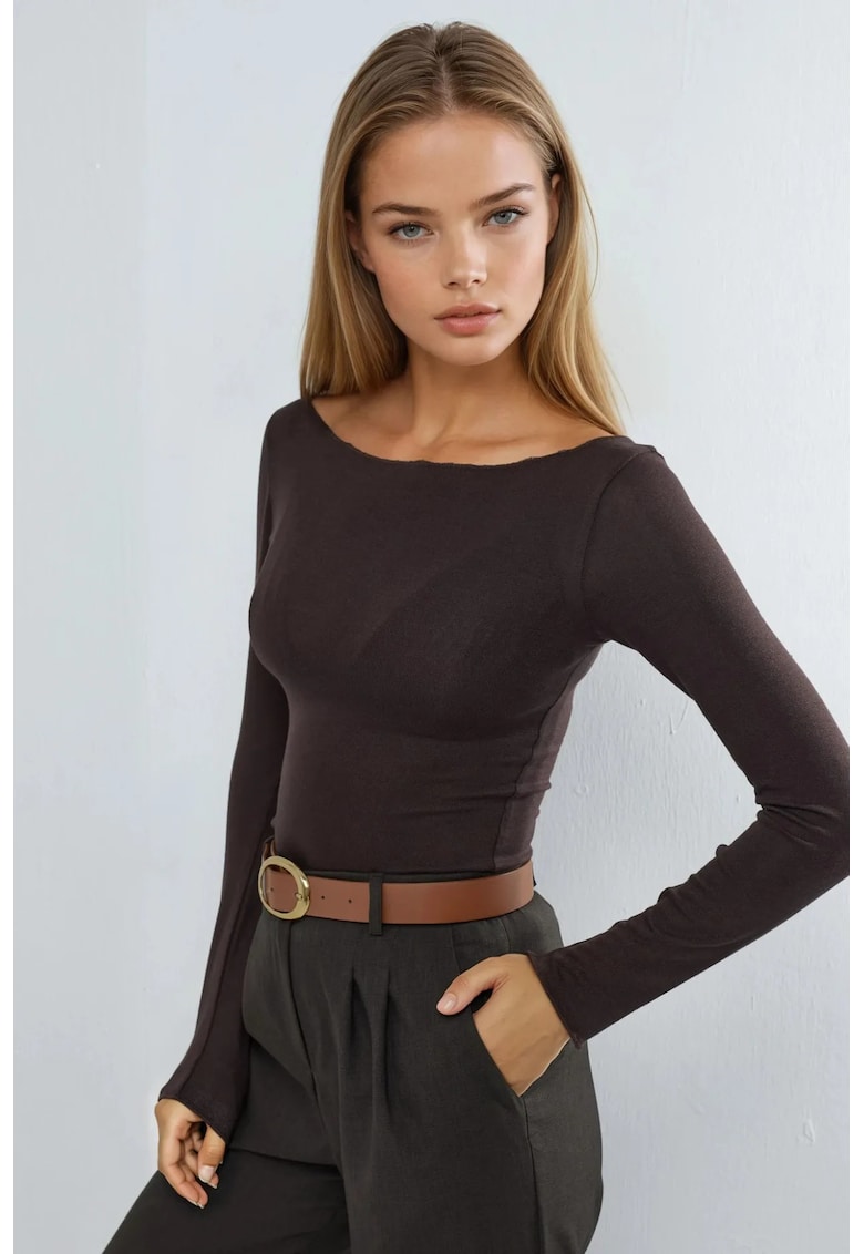 Bluza dama - slim fit - maneca lunga - decolteu barca - maro cafeniu - jerseu