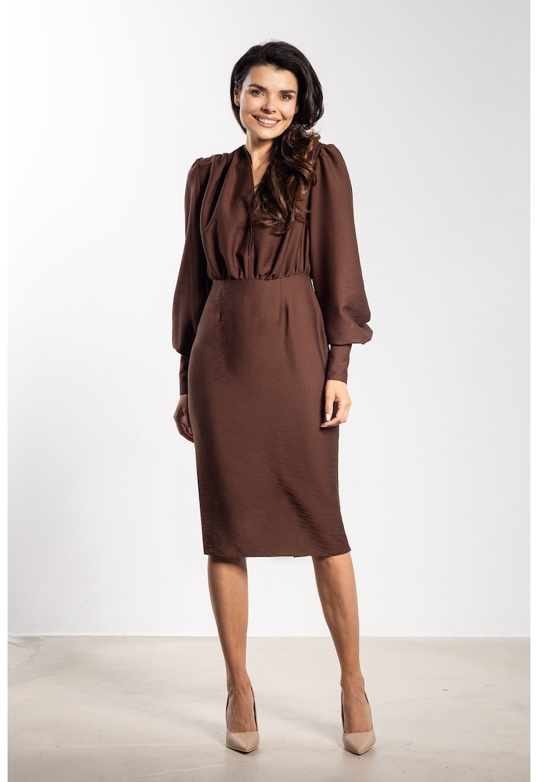 Rochie midi A735 - maneci lungi bufante - maro - rayon|nylon