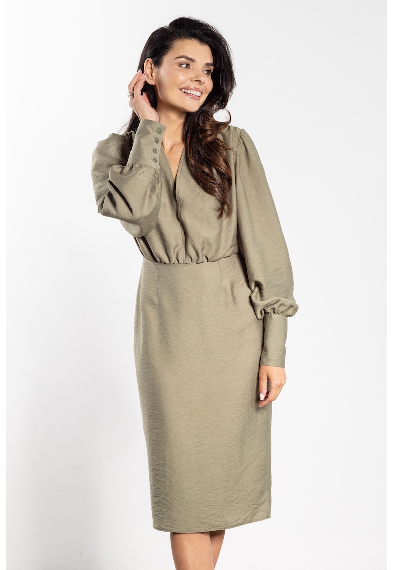 Rochie midi A735 - decolteu in V - verde - rayon|nylon