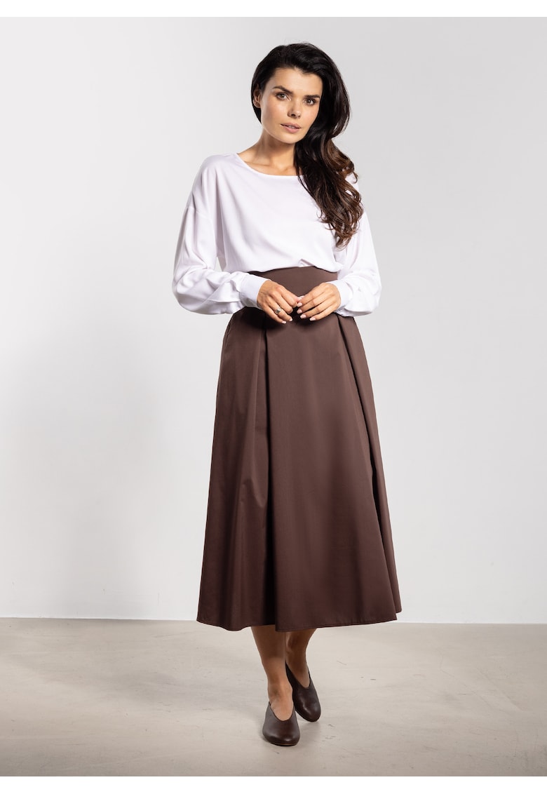 Fusta midi talie inalta - cordon - evazata - ciocolatiu - nylon