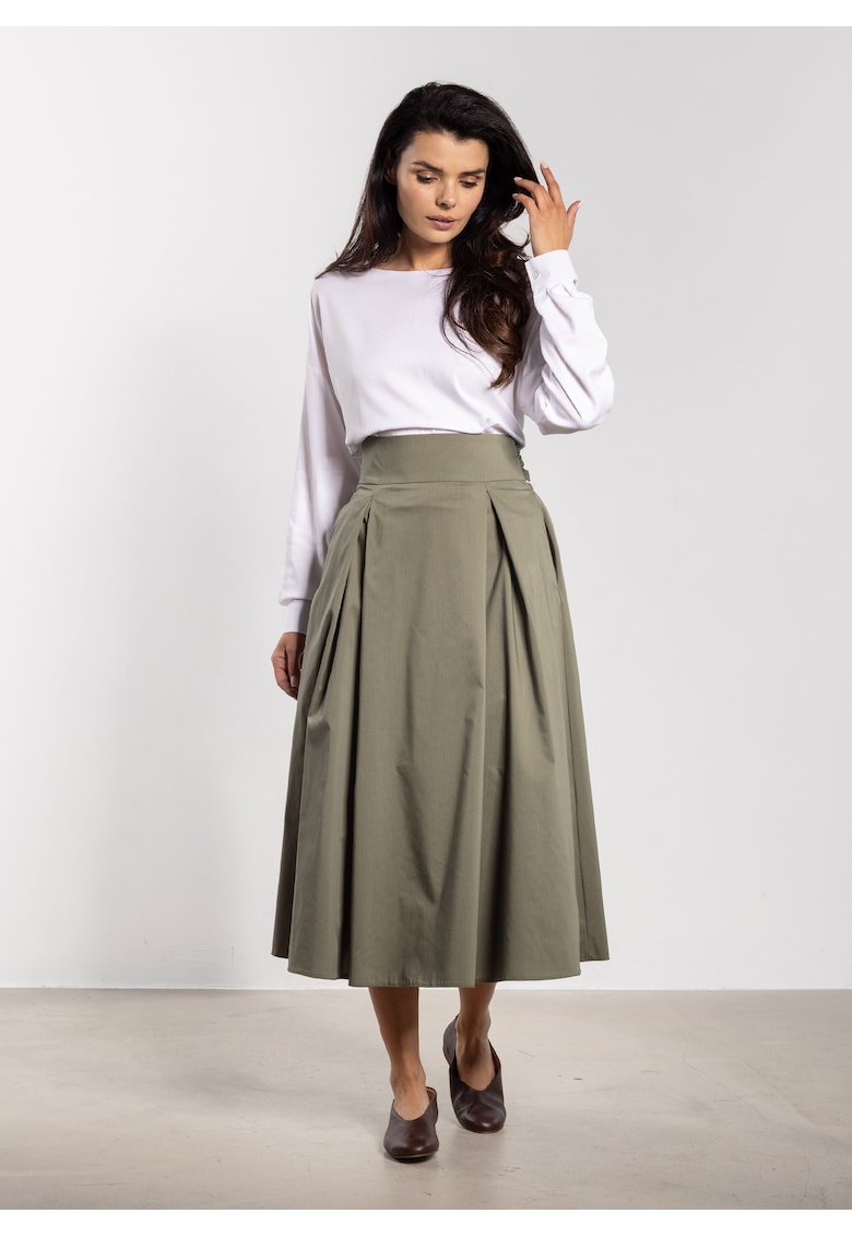 Fusta midi - talie inalta - legatura la spate - verde - nylon