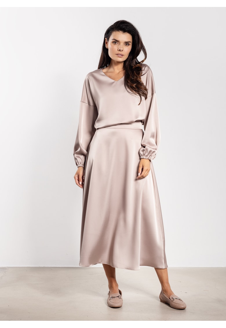 Fusta midi - satin - talie inalta - bej