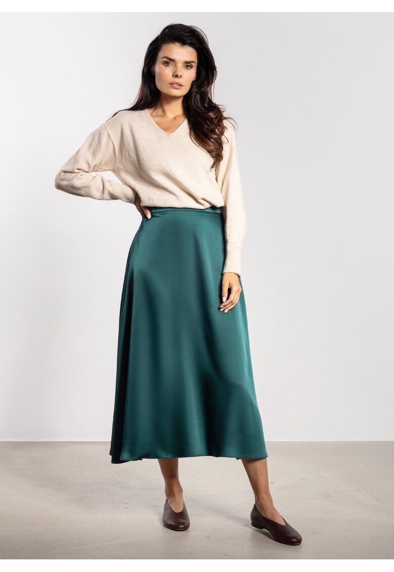 Fusta midi - satin - talie inalta - croiala evazata - verde sticla