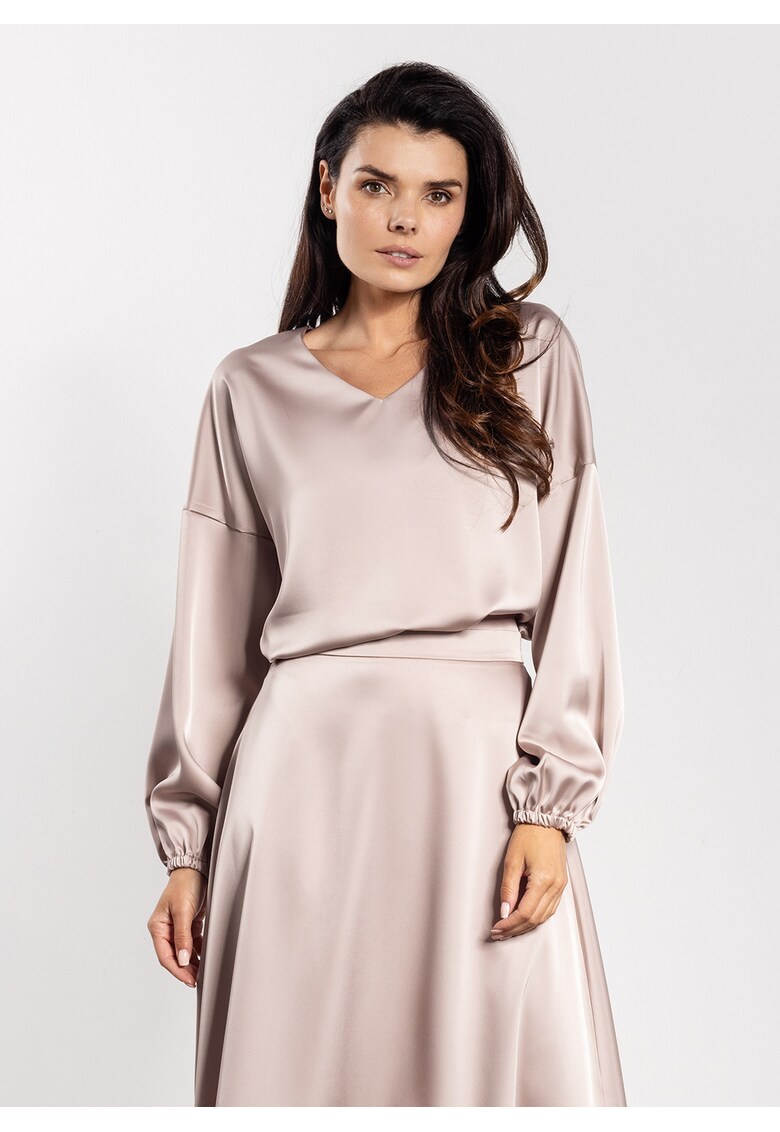 Bluza dama - poliester - satin - decolteu in V - maneci lungi - bej