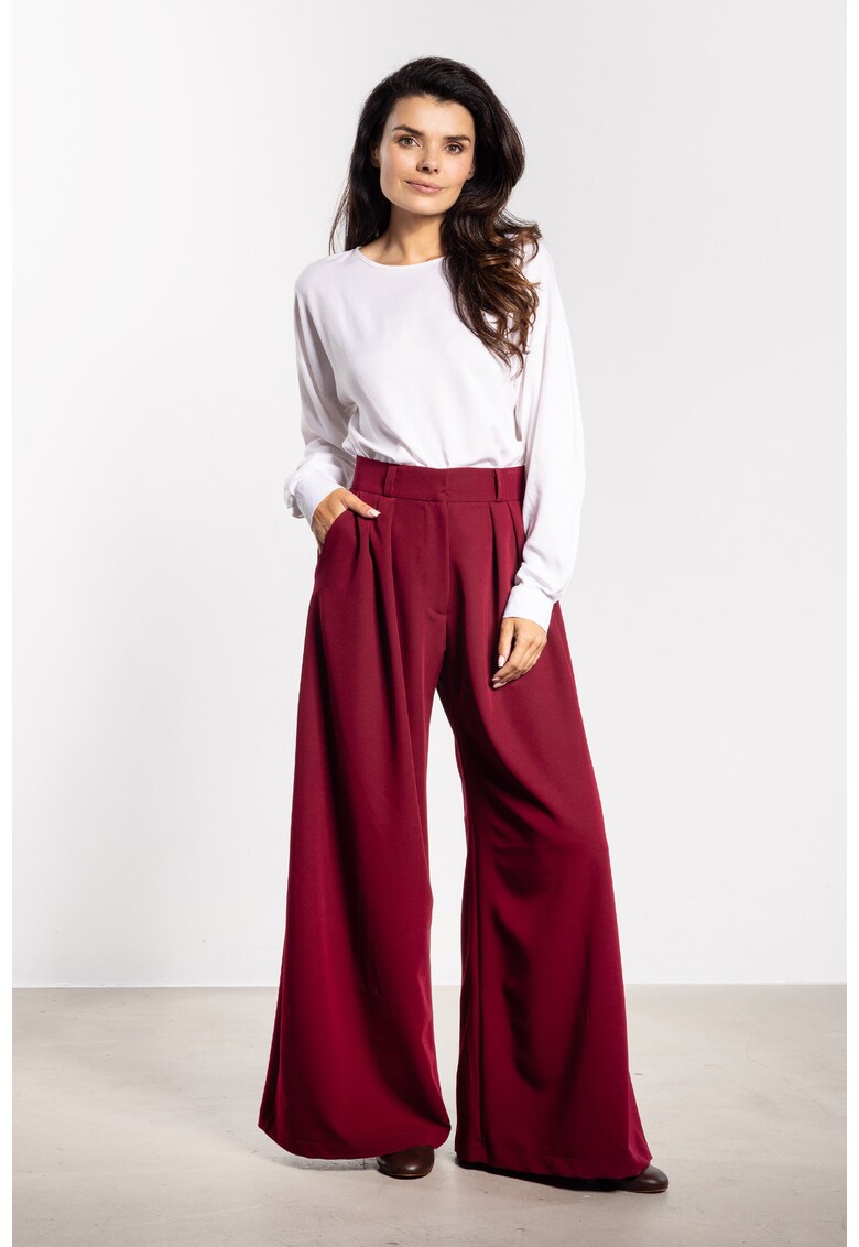 Pantaloni dama - picior larg - talie inalta - visiniu - poliester/elastan