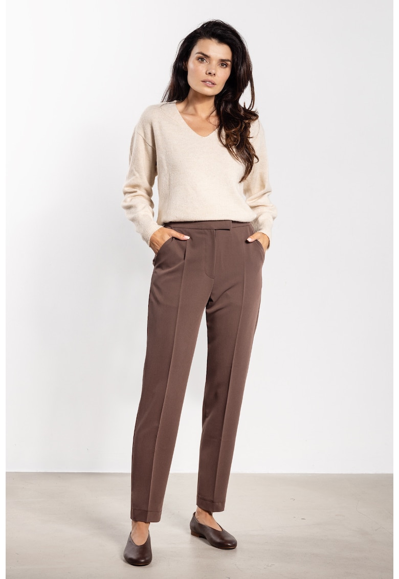 Pantaloni dama - eleganti - talie inalta - maro - poliester/elastan