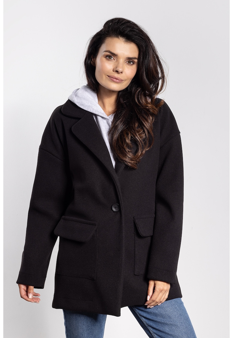 Palton pentru dama oversize - neagra - poliester - cu buzunare practice