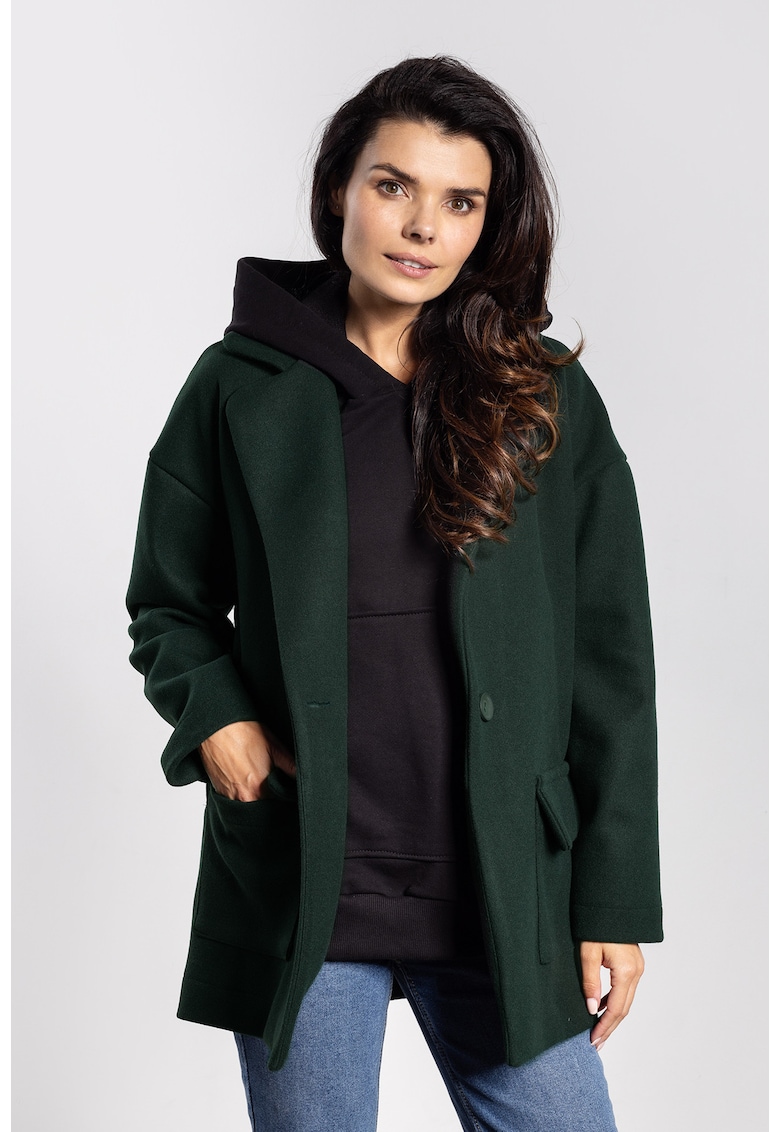 Geaca de dama - oversize - verde sticla - poliester - cu buzunare