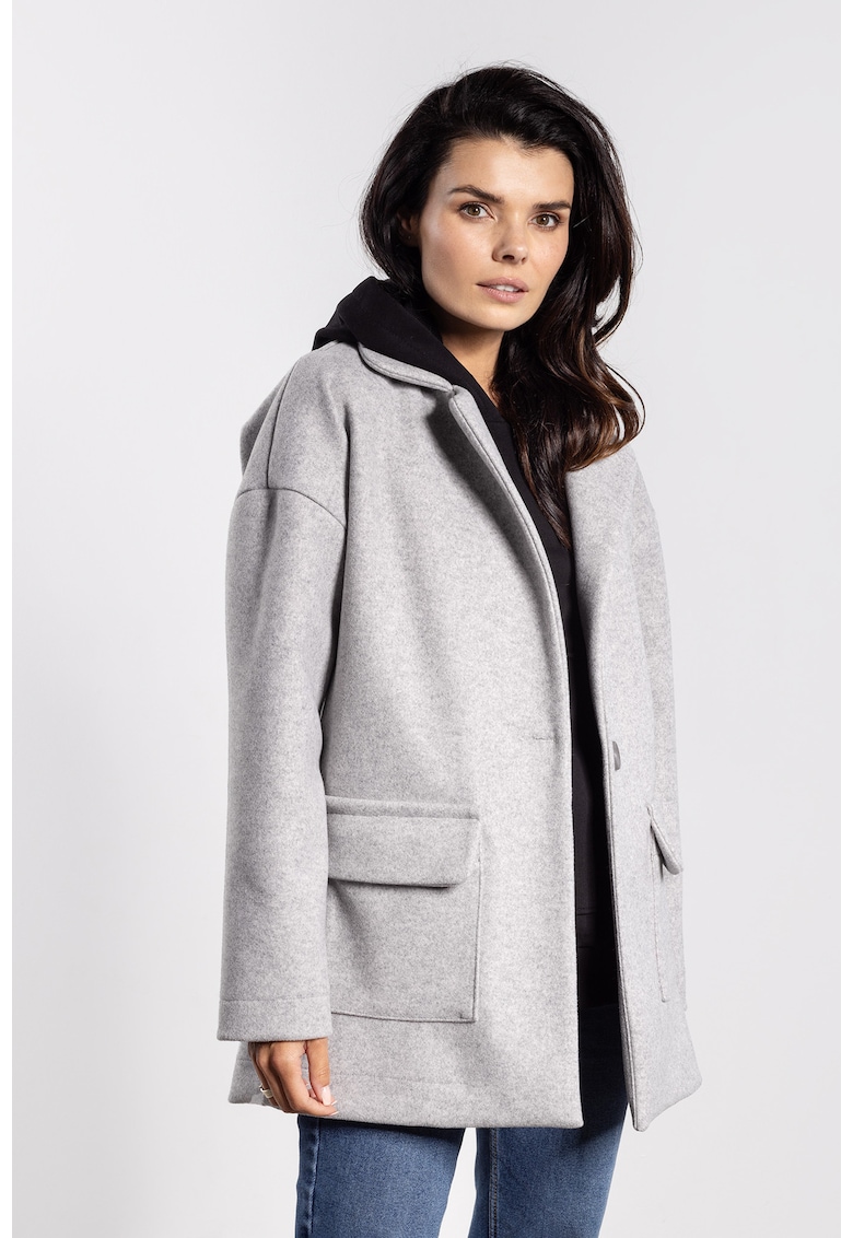 Palton pentru dama - oversize - gri - poliester - cu buzunare
