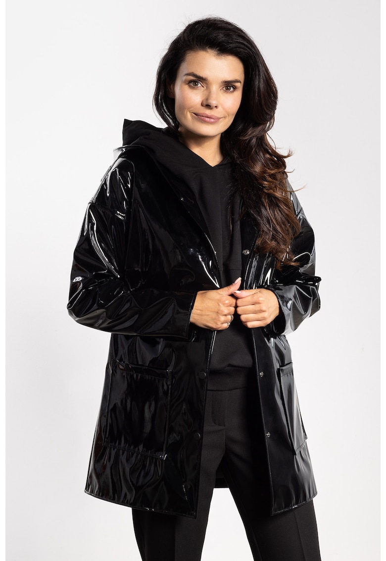 Geaca de dama - latex - impermeabila - negru - gluga - buzunare - finisaj lucios