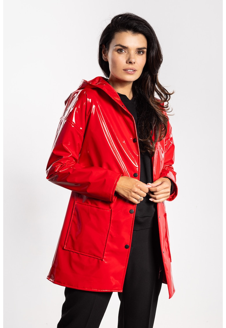 Geaca de dama - latex - gluga - buzunare - rosie - poliester