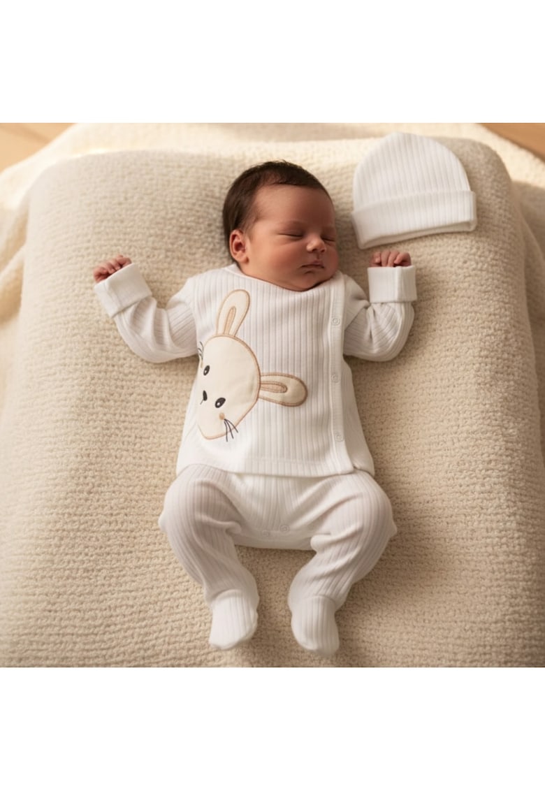 Costumas bebe alb din bumbac fin cu ursulet – 3 piese - confort si stil pentru bebelusi - Bumbac - 0-3 luni - Alb