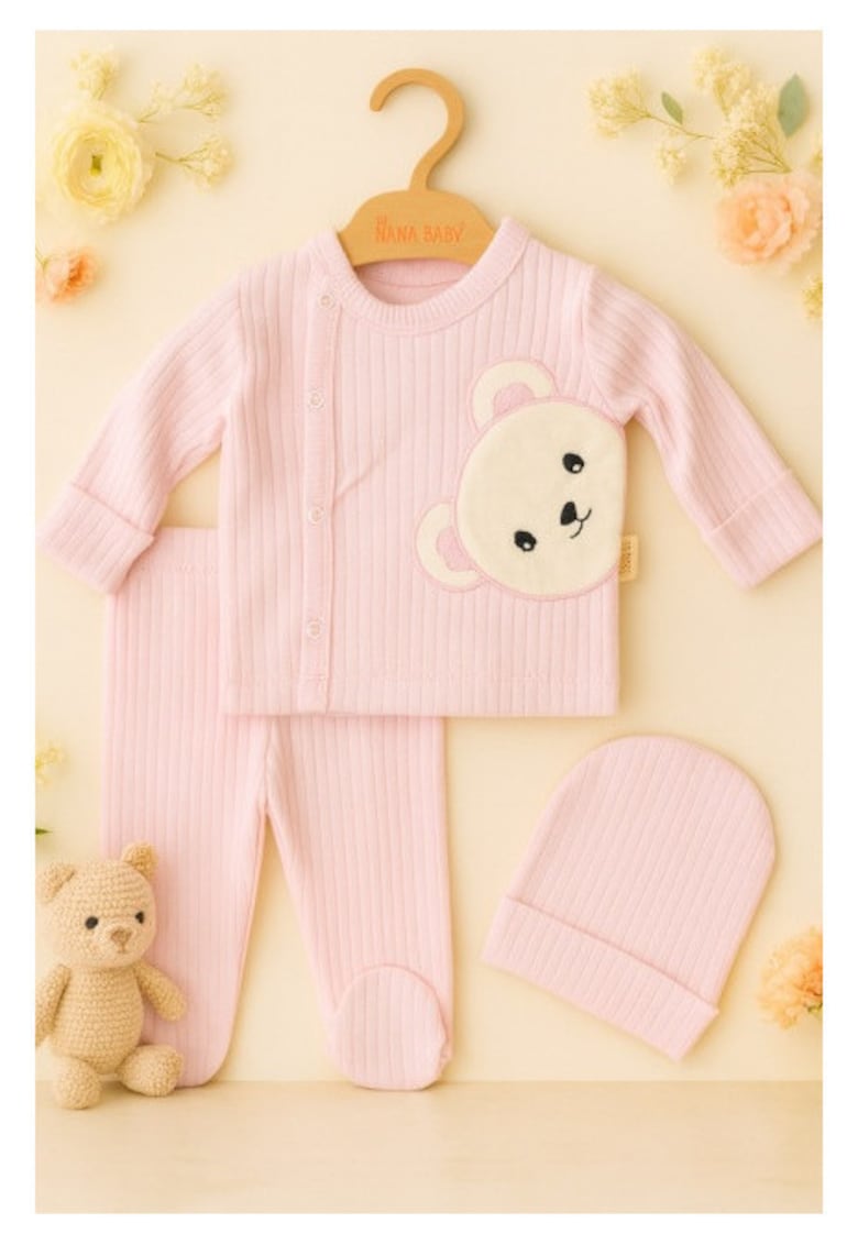 Costumas bebe roz din bumbac fin cu ursulet – 3 piese - confort si stil pentru bebelusi - Bumbac - 0-3 luni - Roz