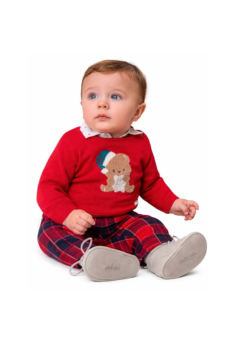Pulover Craciun Baby din bumbac 100% cu broderie intarsia si nasturi pe umar