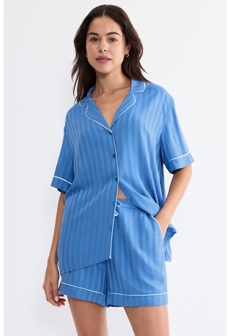 Pijama cu pantaloni scurti si nasturi - Albastru inchis - Alb optic -