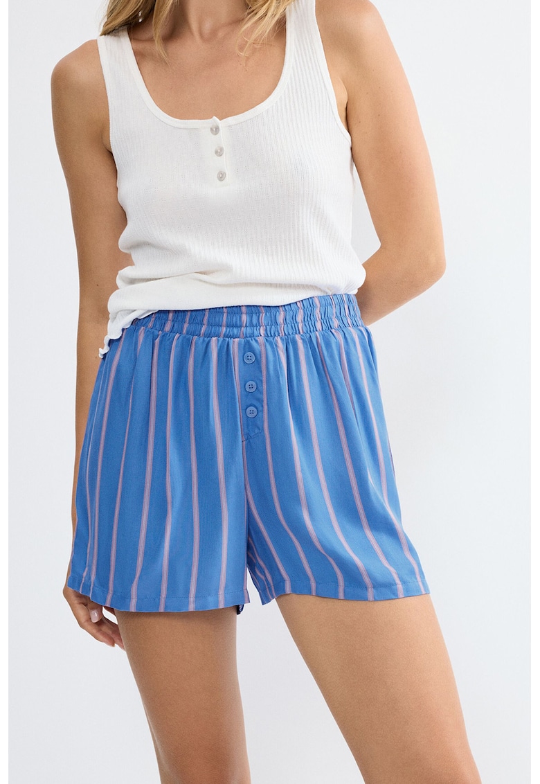 Pijama cu pantaloni scurti si dungi - Albastru pastel/Roz pastel