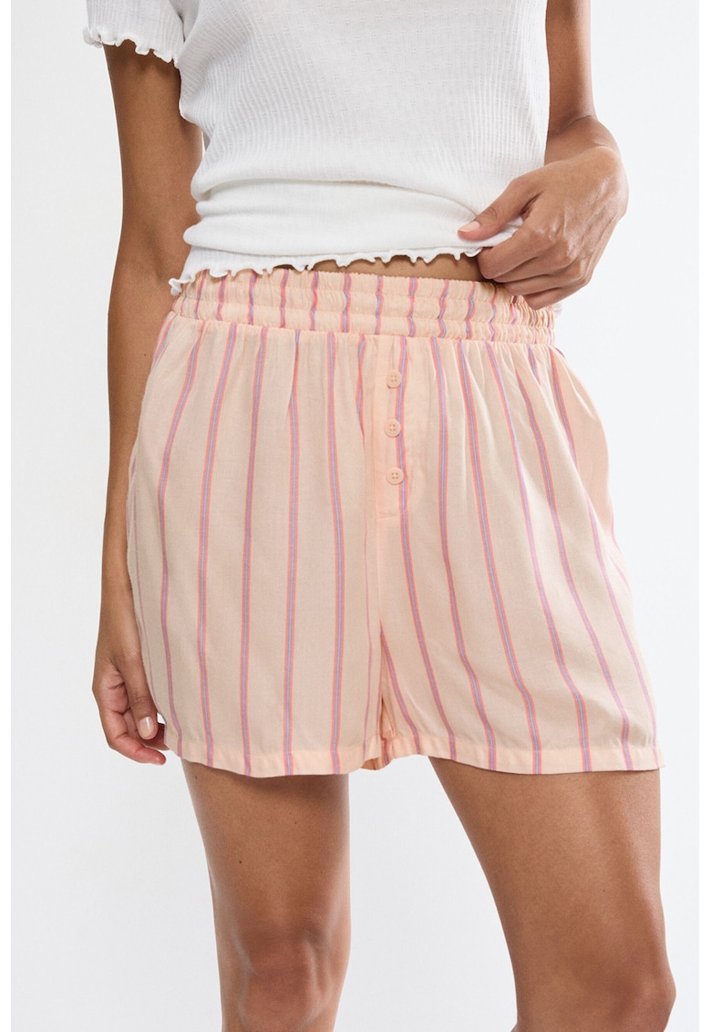 Pijama cu pantaloni scurti si dungi - Roz zmeuriu/Roz pastel