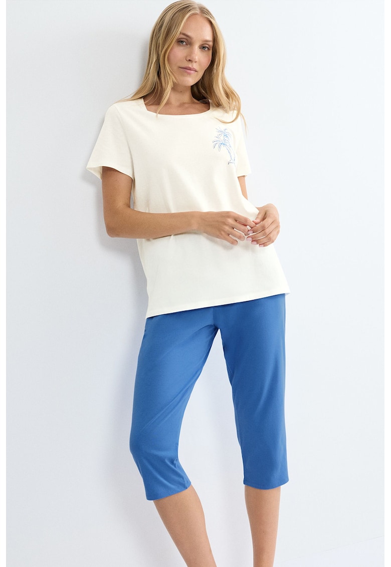 Pijama din bumbac cu pantaloni trei sferturi - Albastru pastel/Alb murdar