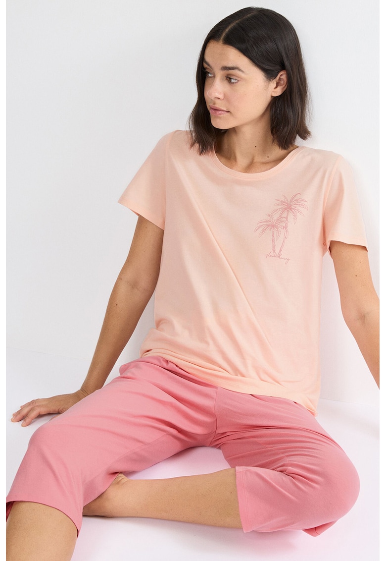Pijama din bumbac cu pantaloni trei sferturi - Piersica