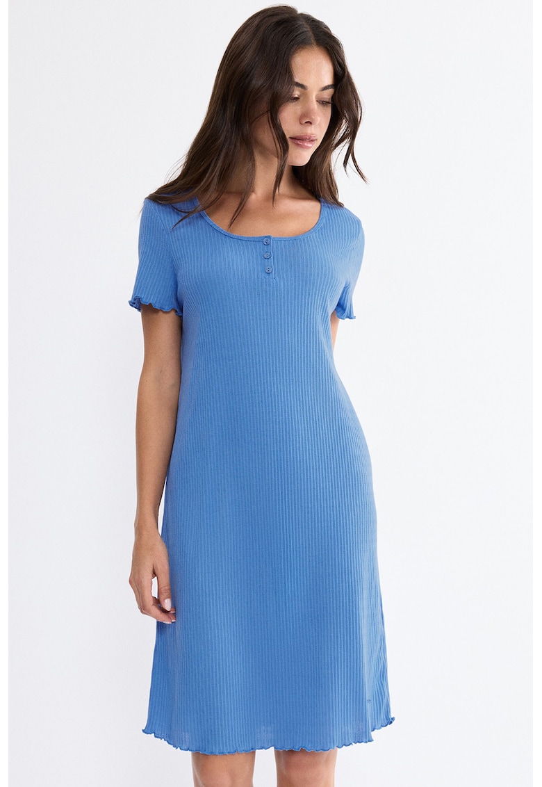 Rochie mini din amestec de bumbac cu striatii - Albastru pastel -