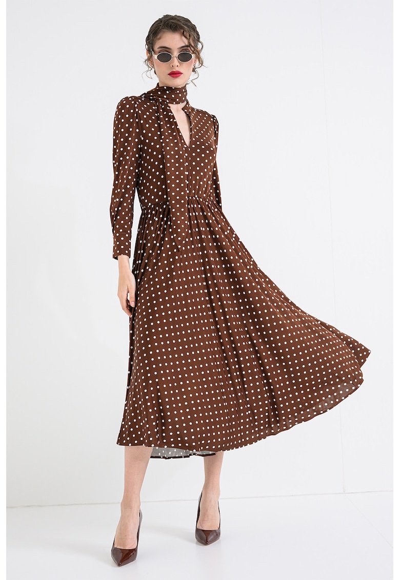 Rochie midi cu buline - Alb/Maro pamantiu