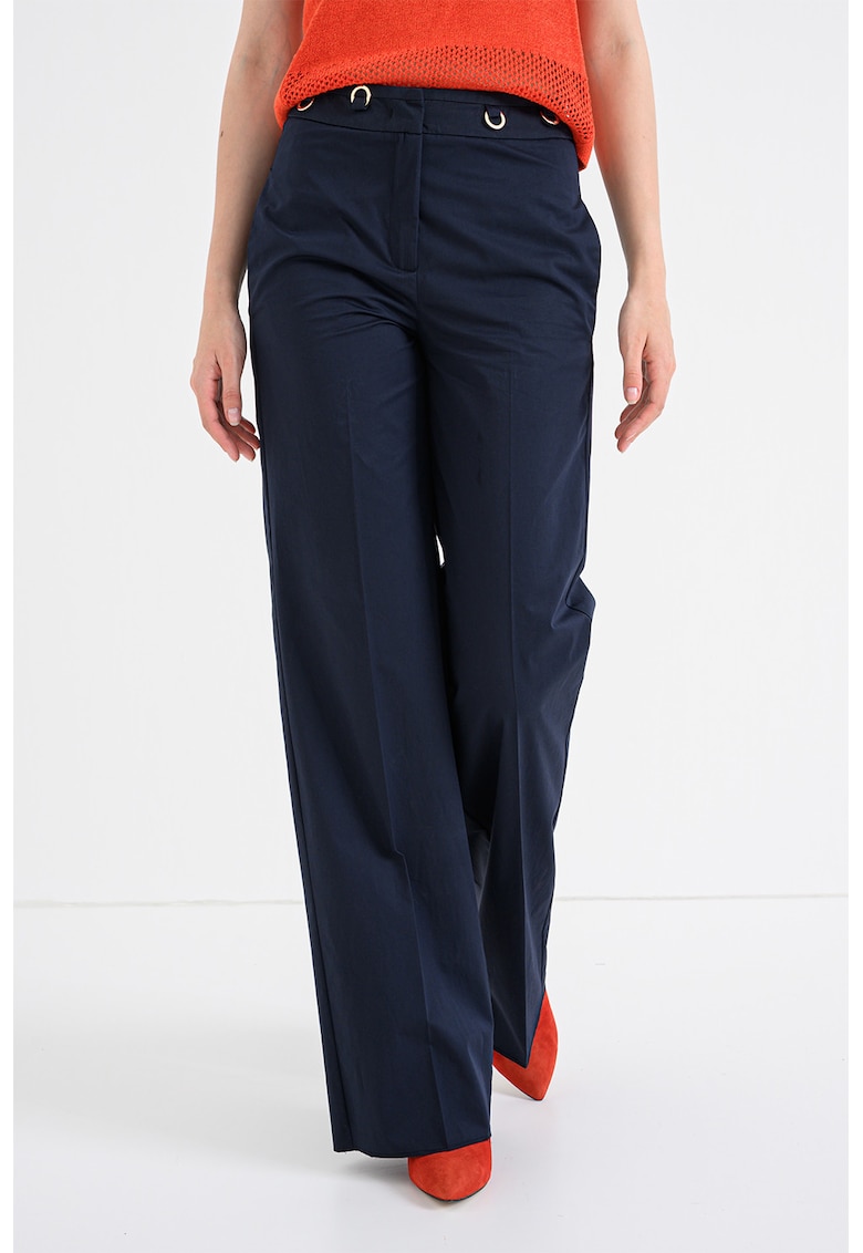 Pantaloni drepti din bumbac cu pense - Albastru ultramarin