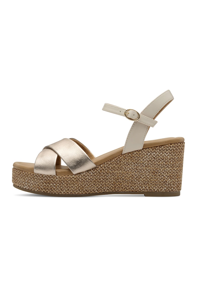 Sandale wedge cu aspect metalic - Alb fildes/Auriu rose