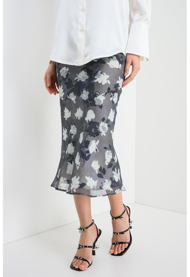 Fusta midi cu imprimeu floral Piroga - Alb murdar/Gri antracit/Gri inchis