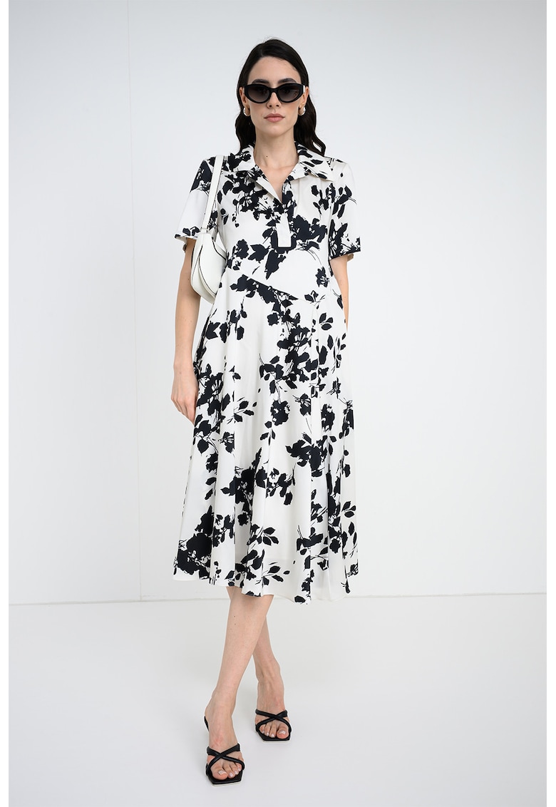 Rochie midi cu model floral - Negru/Alb murdar