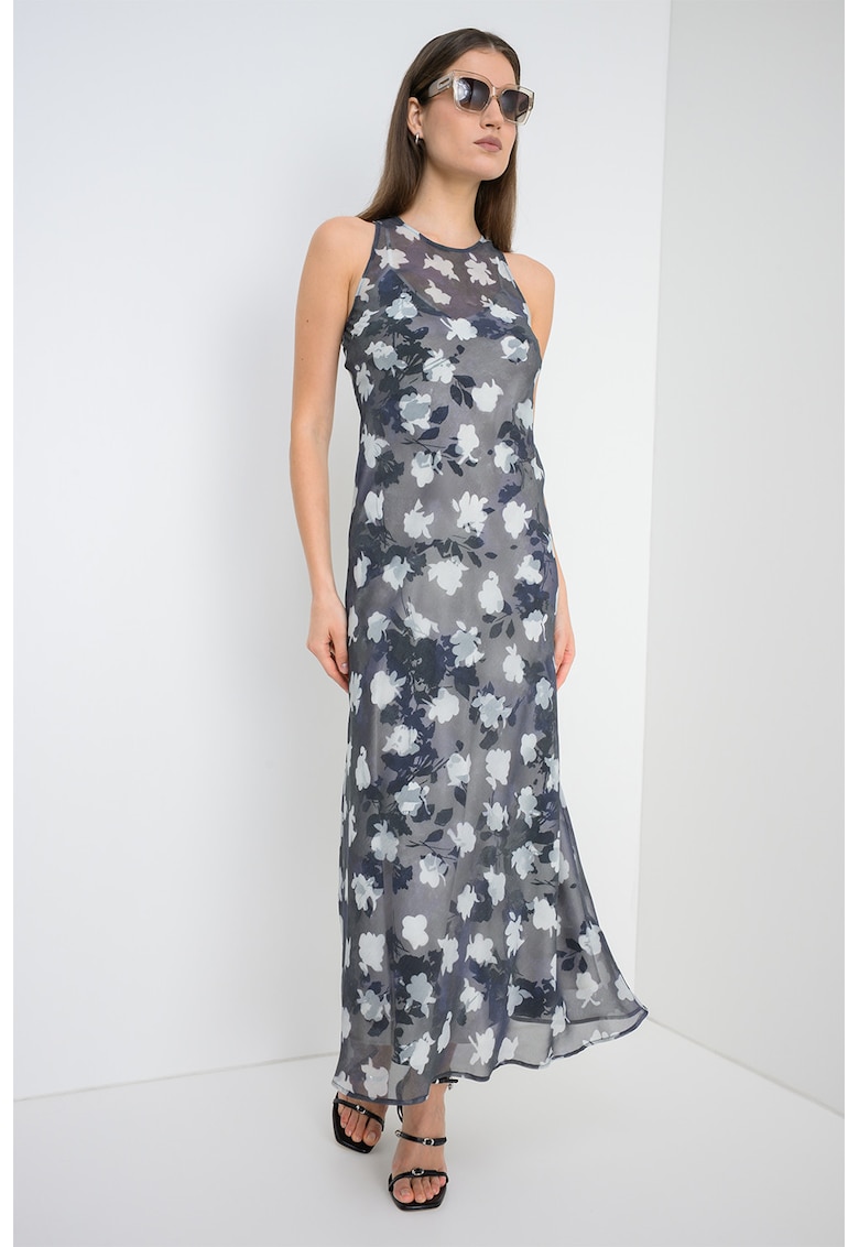 Rochie cu model floral si aspect 2in1 Epopea - Alb murdar/Gri antracit/Gri inchis