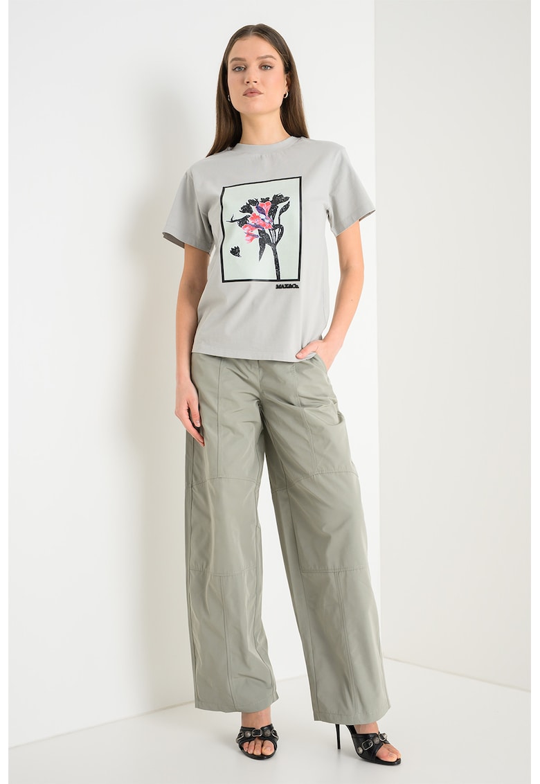 Tricou de bumbac cu decolteu la baza Oguno - Negru/Gri cenusiu/Verde pal