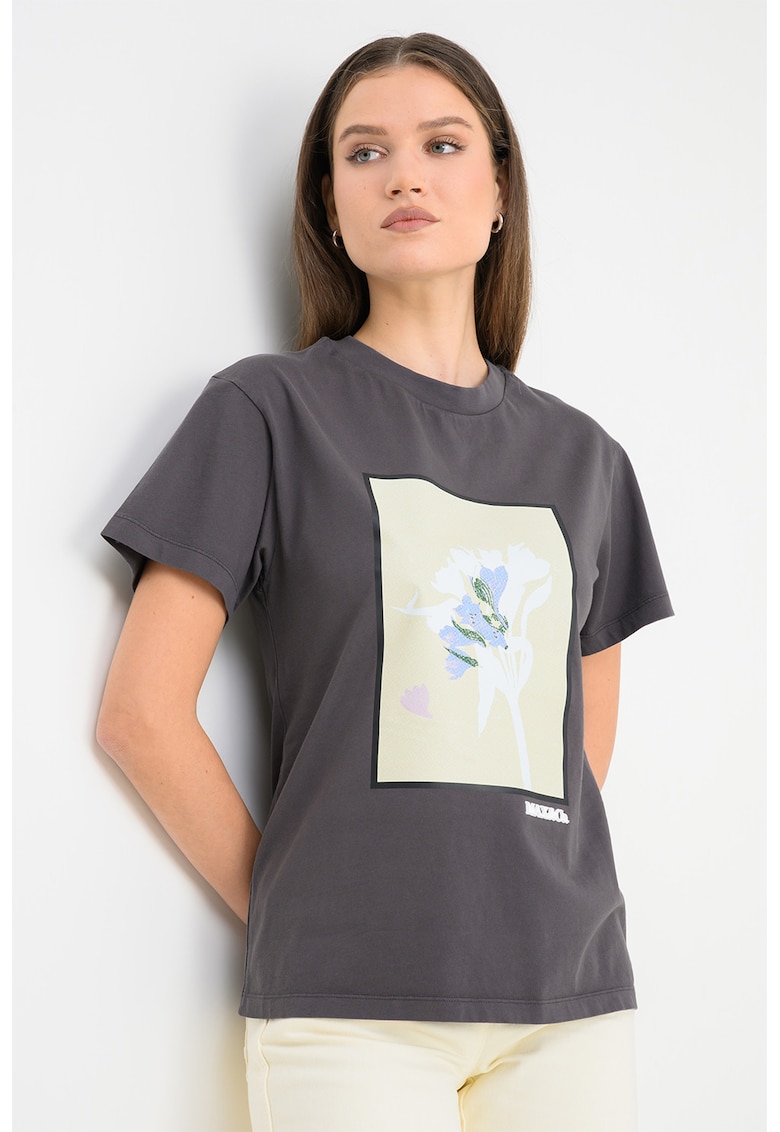 Tricou de bumbac cu decolteu la baza Oguno - Alb optic/Gri antracit/Crem