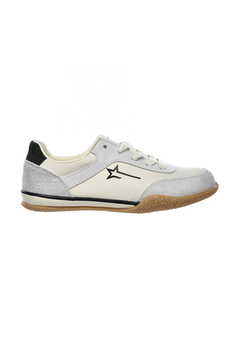 Pantofi sport low-cut cu insertii din piele intoarsa - Alb fildes/Gri