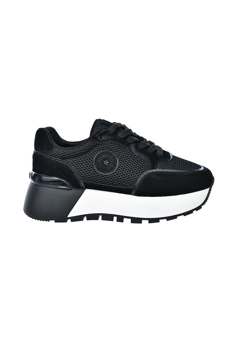 Pantofi sport din plasa cu garnituri din piele intoarsa si talpa masiva - Negru