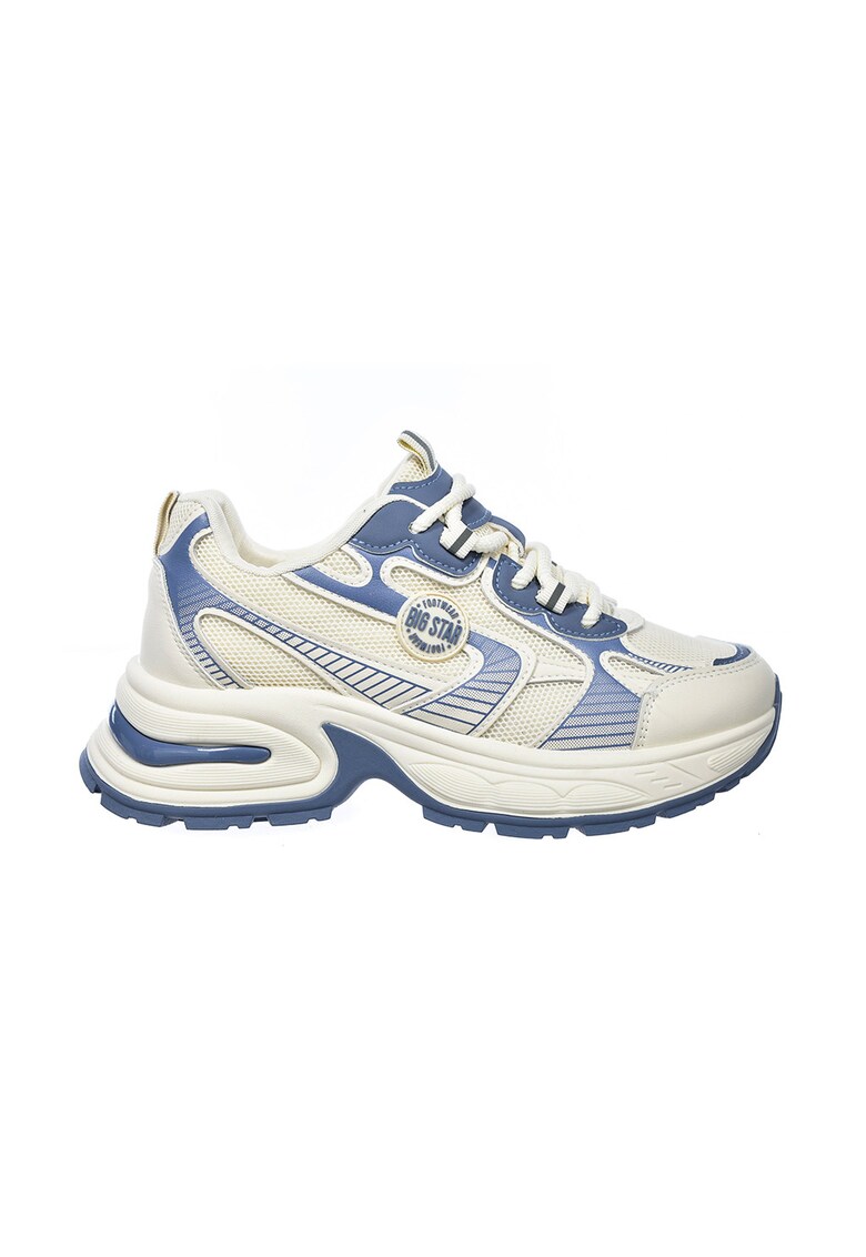 Pantofi sport cu talpa demi-wedge si insertii din plasa - Alb fildes/Albastru
