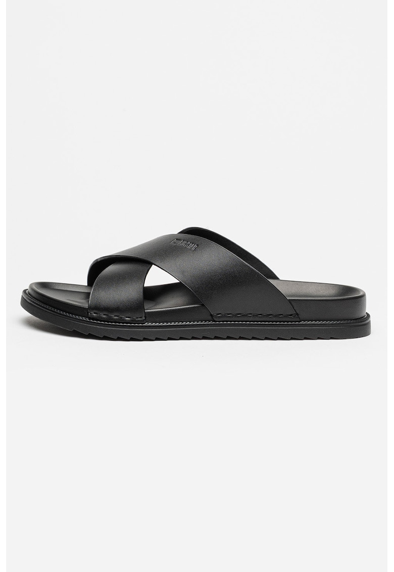 Papuci de piele cu barete incrucisate - Negru