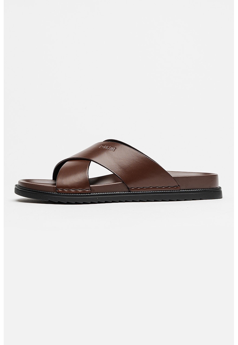 Papuci de piele cu barete incrucisate - Maro cognac