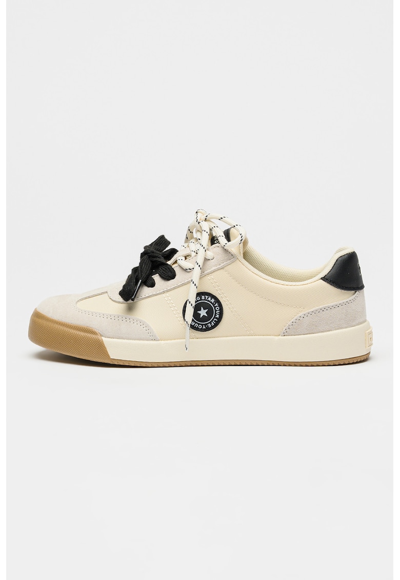 Pantofi sport cu piele intoarsa si insertii din piele - Crem