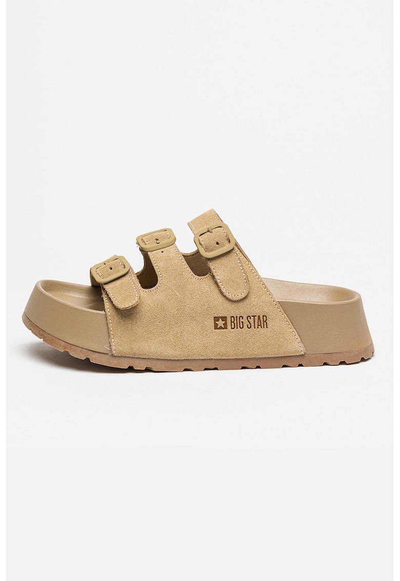 Papuci flatform de piele intoarsa - Bej