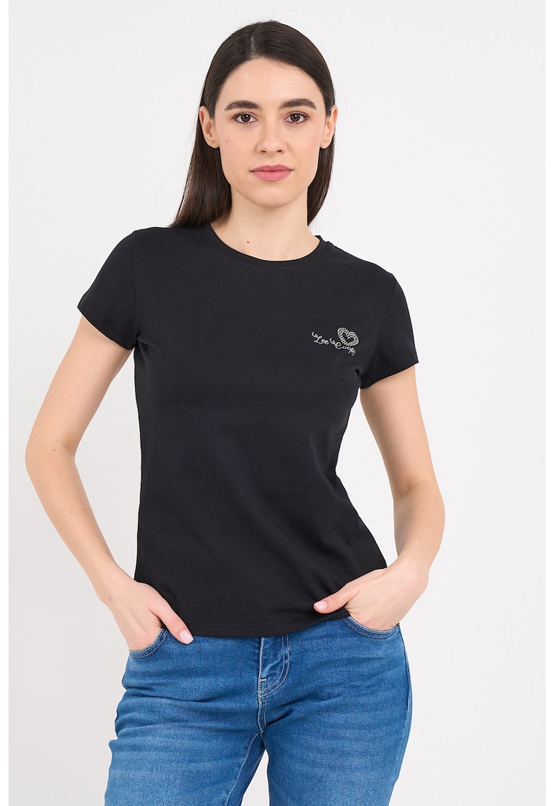 Tricou slim fit cu decolteu la baza gatului - Negru