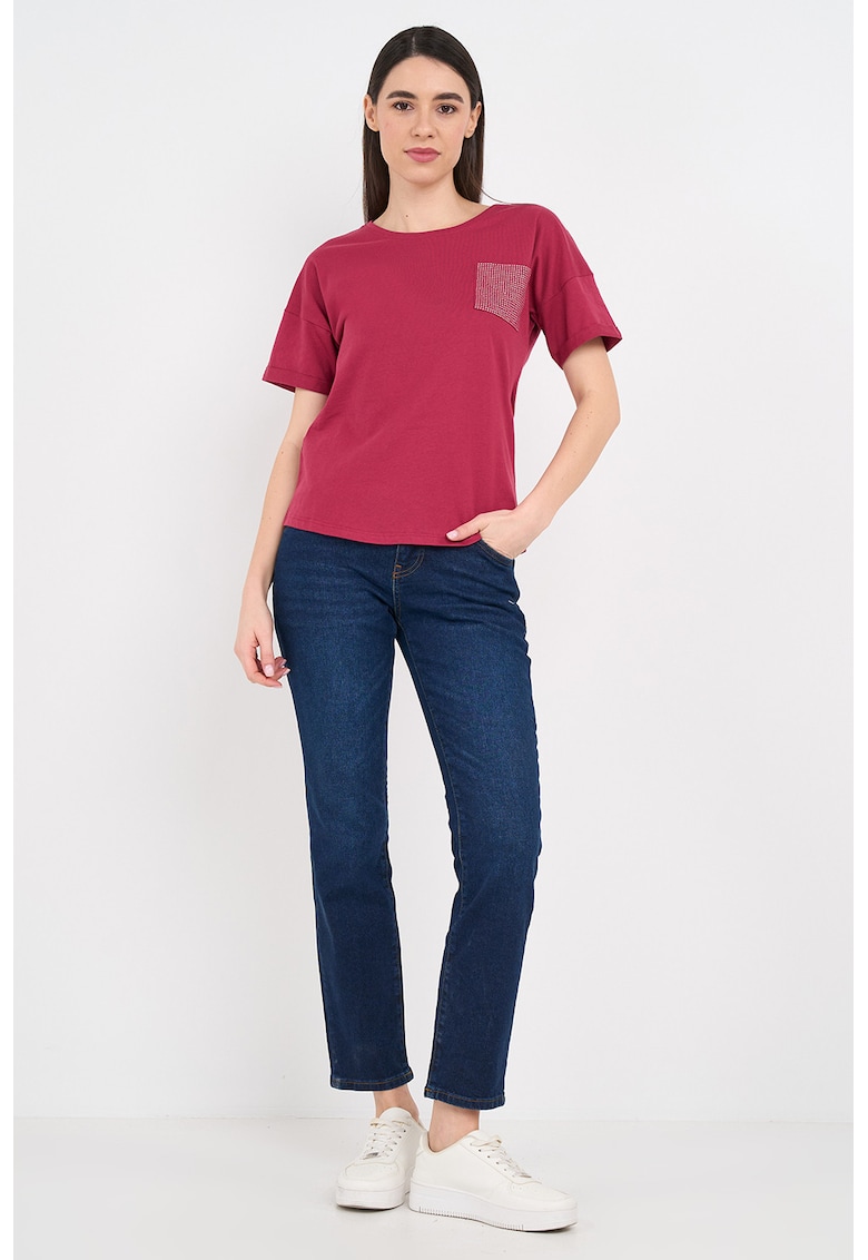 Tricou cu buzunar aplicat decorat cu strasuri - Rosu inchis/Argintiu
