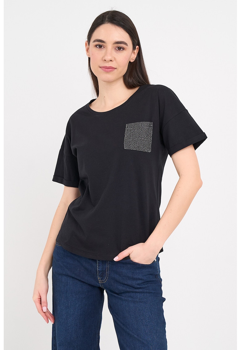 Tricou cu buzunar aplicat decorat cu strasuri - Negru