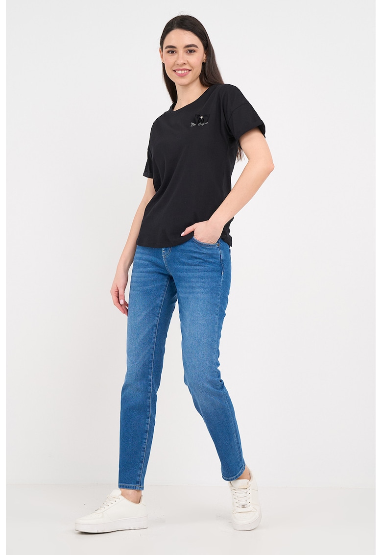 Tricou din bumbac cu decolteu rotund si aplicatie cu funda - Negru