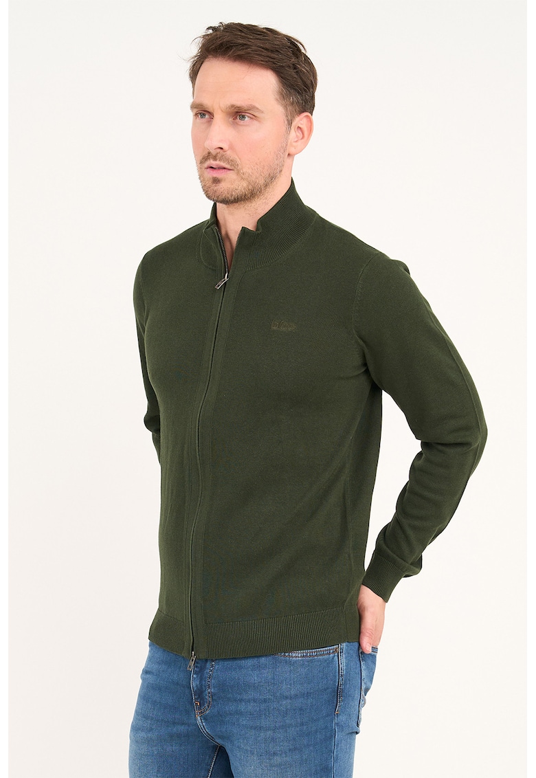 Crdigan cu model uni si fermoar - Verde padure