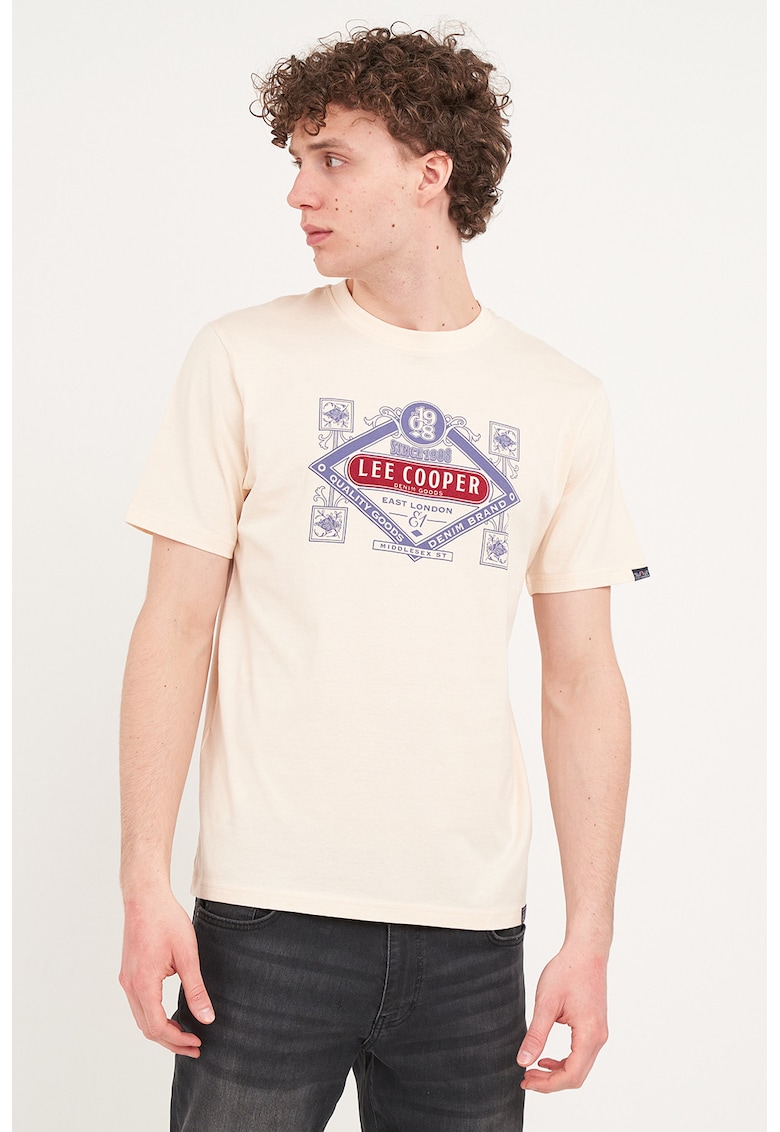 Tricou din bumbac cu imprimeu logo - Albastru inchis/Bej deschis