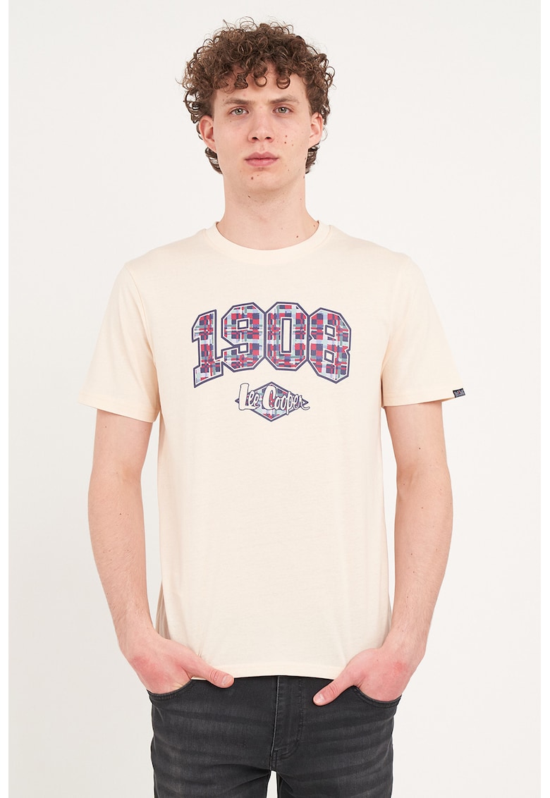 Tricou cu decolteu la baza gatului si logo - Rosu/Bej deschis