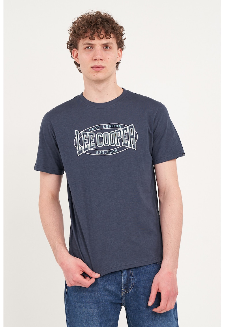 Tricou din bumbac cu decolteu la baza gatului - Bleumarin