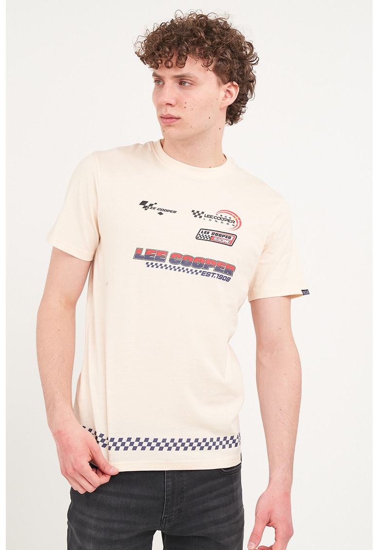 Tricou cu decolteu la baza gatului si logo - Bej deschis