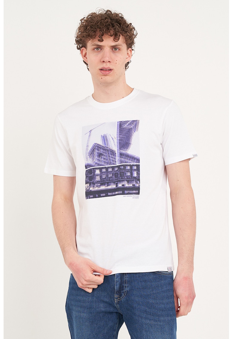 Tricou din bumbac cu decolteu la baza gatului - Alb/Albastru indigo