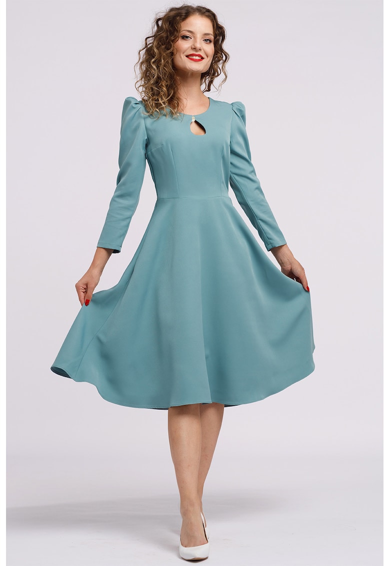 Rochie cu maneci lungi si decupaj keyhole - Albastru prafuit